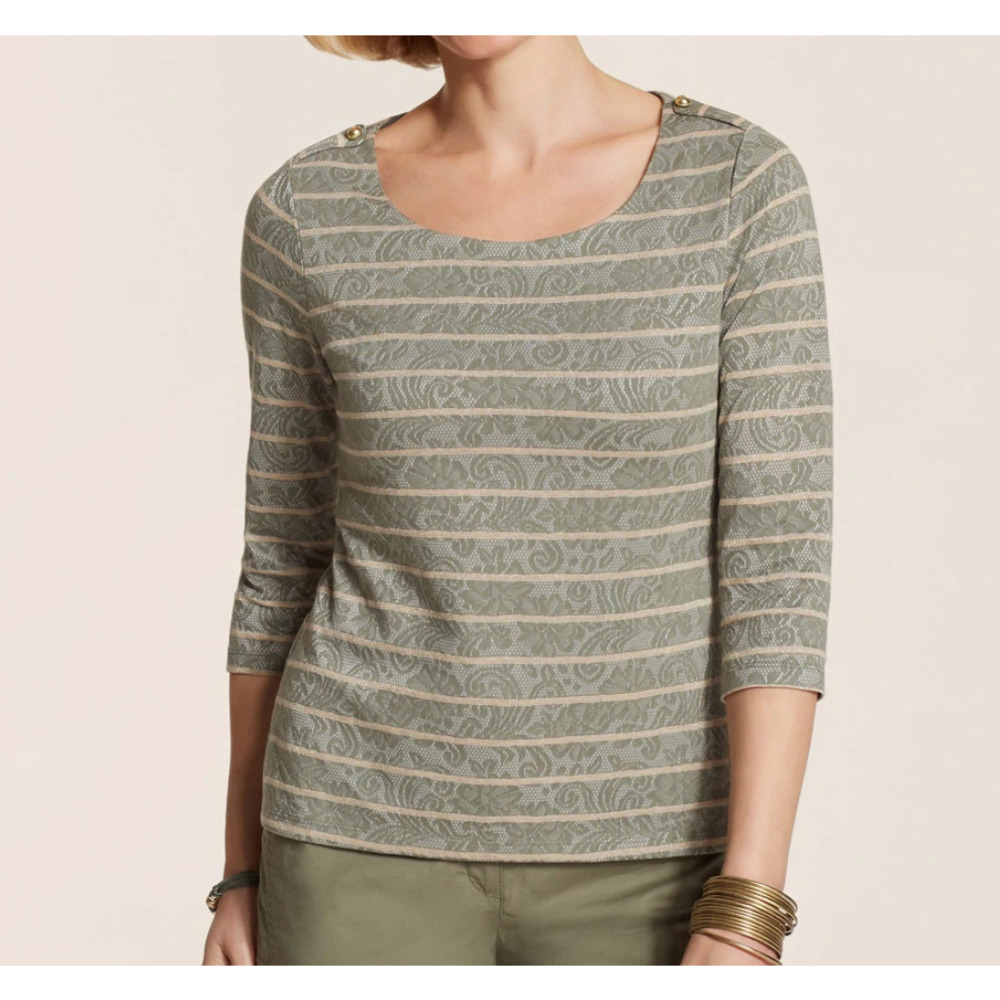 Chico's Striped Cotton Lace Lani Boatneck Blouse